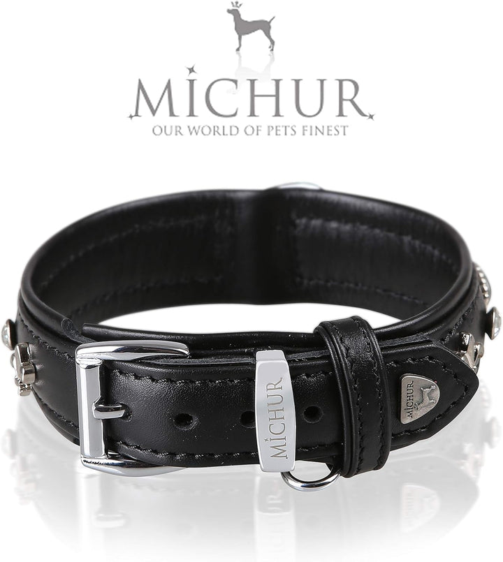 MICHUR EL Pavo Hundehalsband Leder, Lederhalsband Hund, Halsband, Schwarz, Leder, mit Lilien, Strass