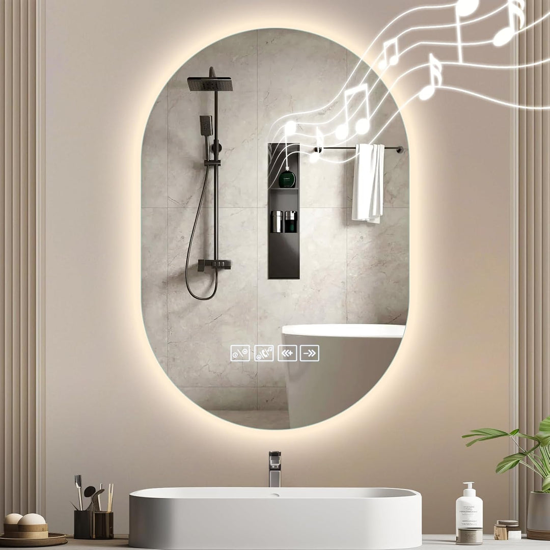 Ovaler Bluetooth Spiegel mit Beleuchtung Bad| Badspiegel mit Beleuchtung 50x75cm, Entfog-Funktion, d