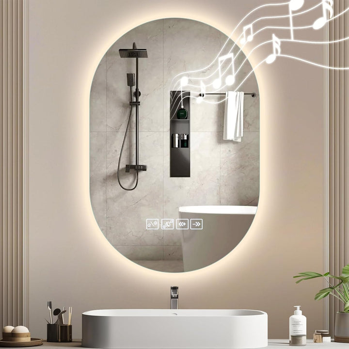 Ovaler Bluetooth Spiegel mit Beleuchtung Bad| Badspiegel mit Beleuchtung 50x75cm, Entfog-Funktion, d