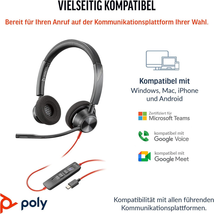 Schnurgebundenes Headset Poly Blackwire 3320 – Flexibler Mikrofonarm – Hi-Fi-Stereo – Verbindung mit