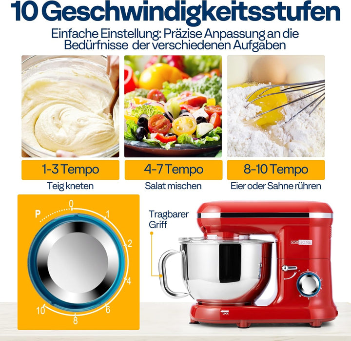 VIVOHOME Küchenmaschine 5,7L Knetmaschine 1500W Küchenmaschinen mit 10 Geschwindigkeiten Pulsfunktio