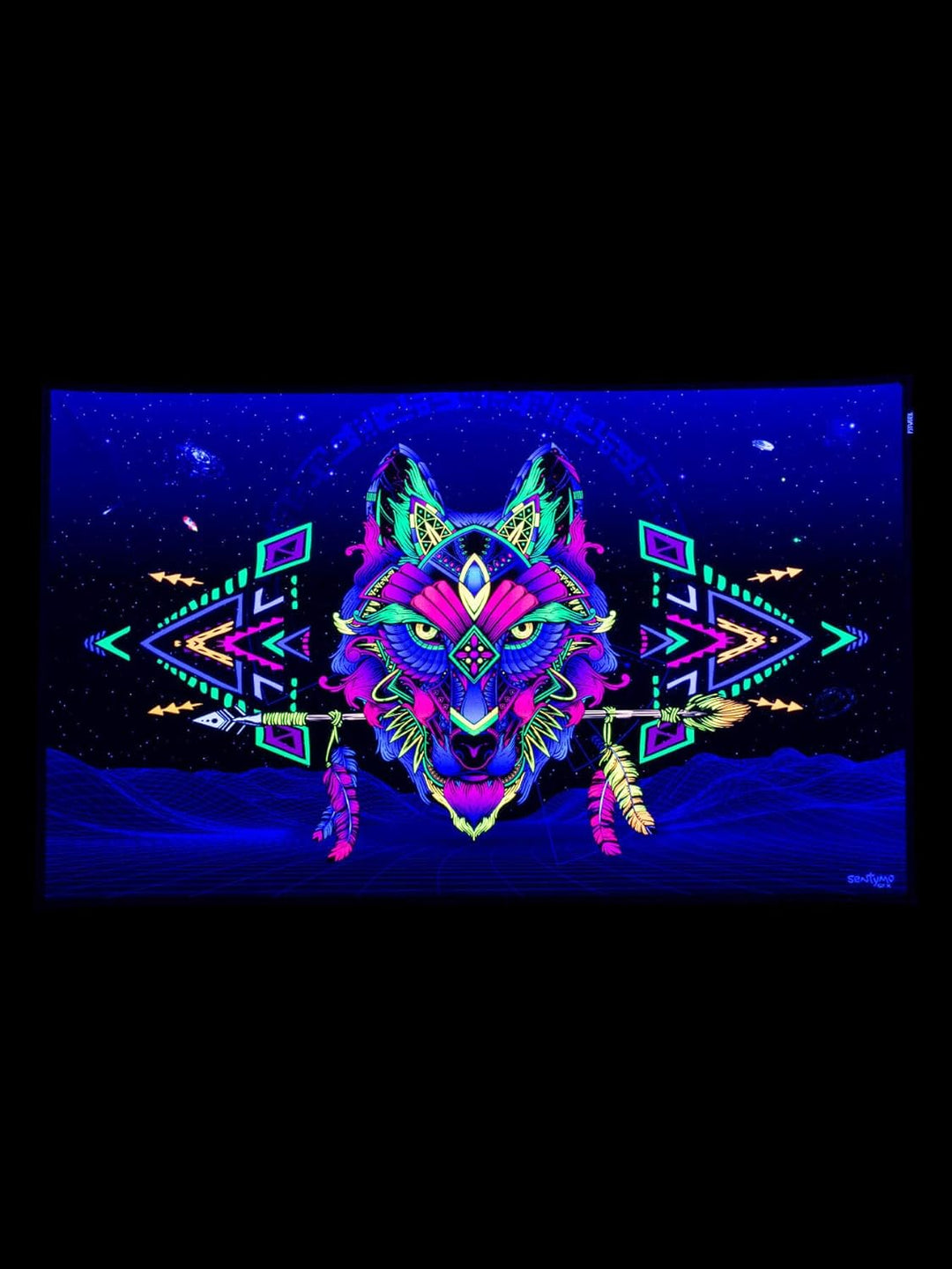 PSYWORK Schwarzlicht Stoffposter Neon | Sentymo Wolf | 0,89 x 1,47m | UV-aktiv | fluoreszierend | Wa