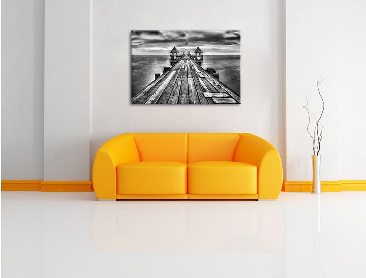 Pixxprint Monocrome, Bootssteg im Sonnenuntergang, Format: 100x70 auf Leinwand, 100x70