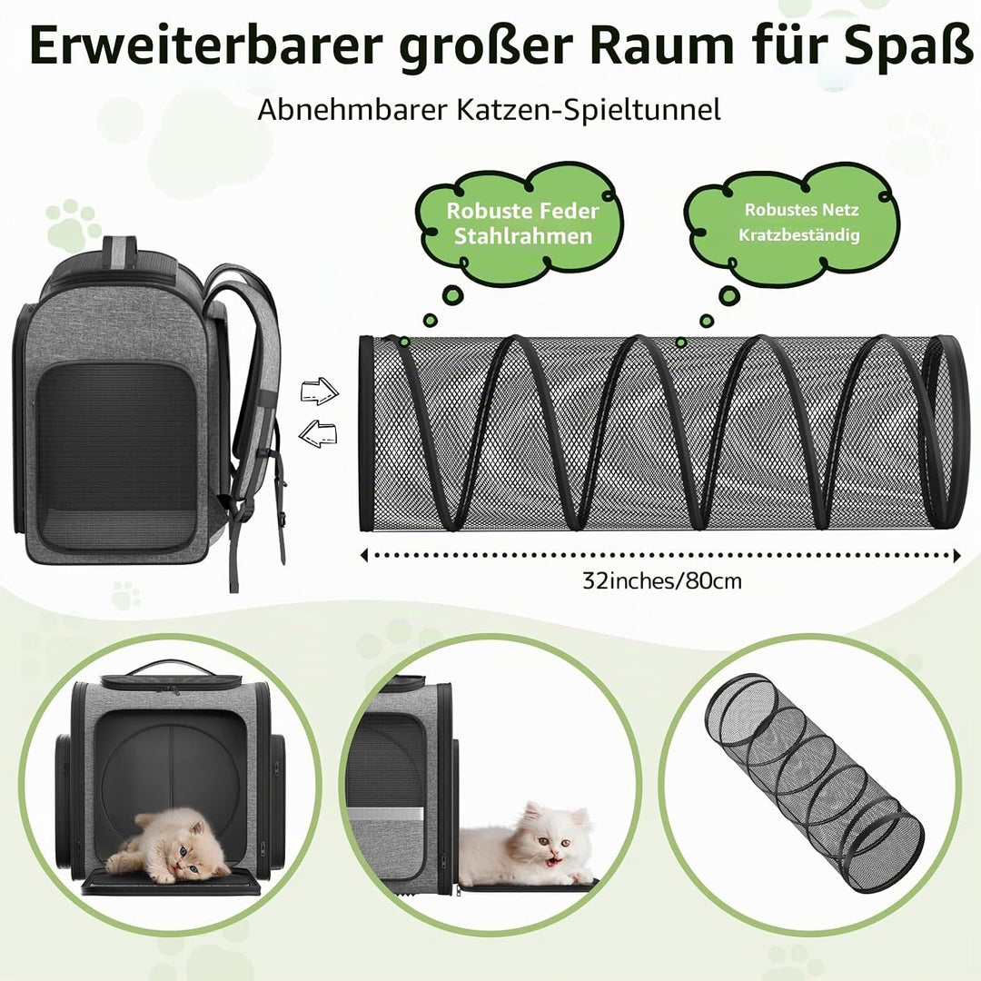 Pawtners Katzentragerrucksäcke mit erweiterbarem Katzenspieltunnel, von Fluggesellschaften zugelasse