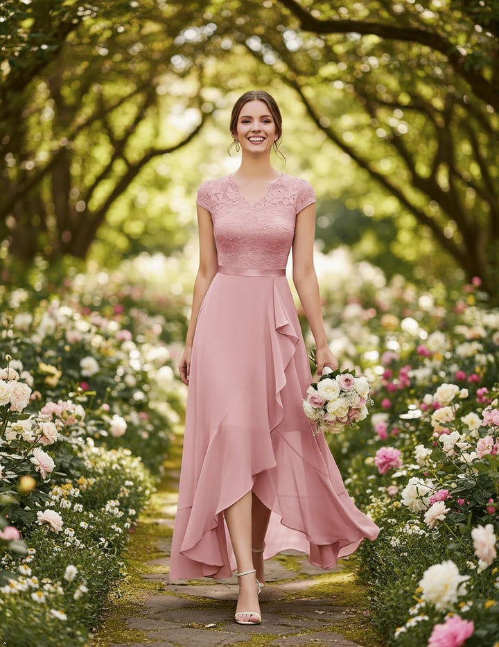 Bbonlinedress Abendkleider elegant für Hochzeit Spitzenkleid Chiffon Hi-Lo Kleid Brautjunferkleid Br