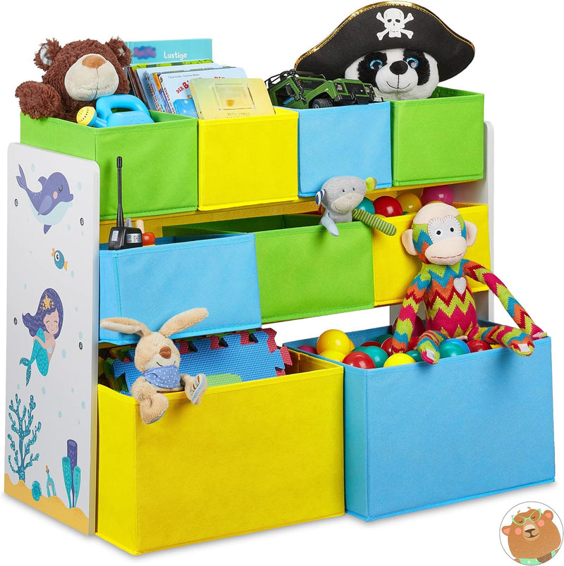 Relaxdays Kinderregal mit 9 Stoffboxen, Meerjungfrau Kindermotiv, Spielzeugregal Organizer HBT 66 x