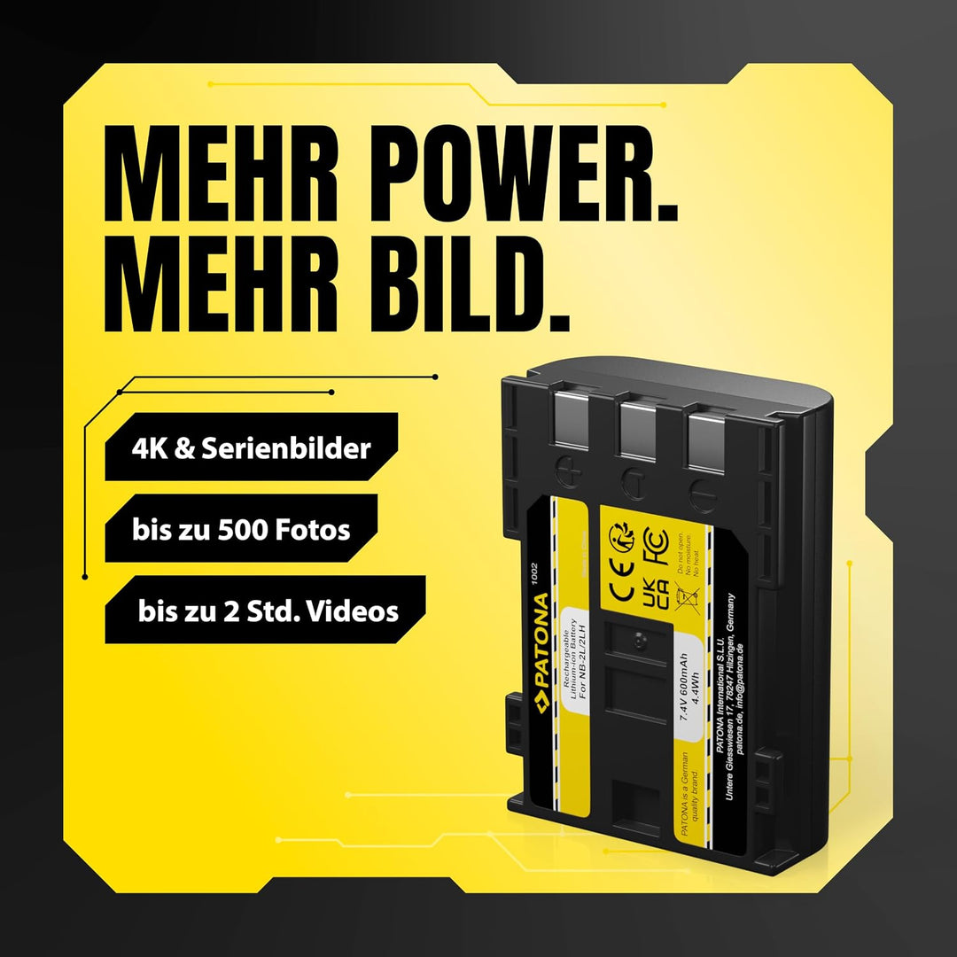 PATONA 2X Akku Ersatz für Canon NB-2L, NB-2LH Battery Pack 600mAh 4.4Wh | Ersatzakku für EOS 350D 40