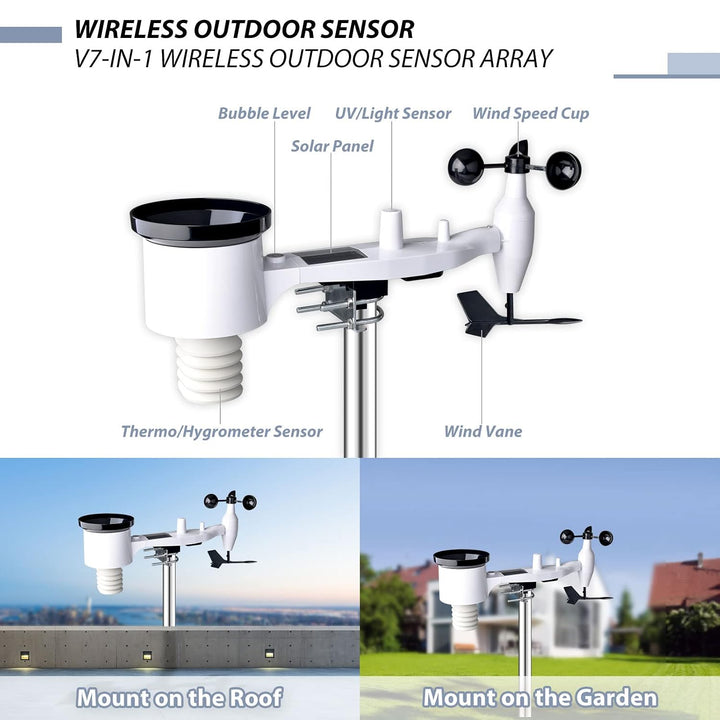 ECOWITT Aussensensor WS69 für Wetterstation, eingebauter 7 in 1 Aussensensor, Regenmesser, Windricht