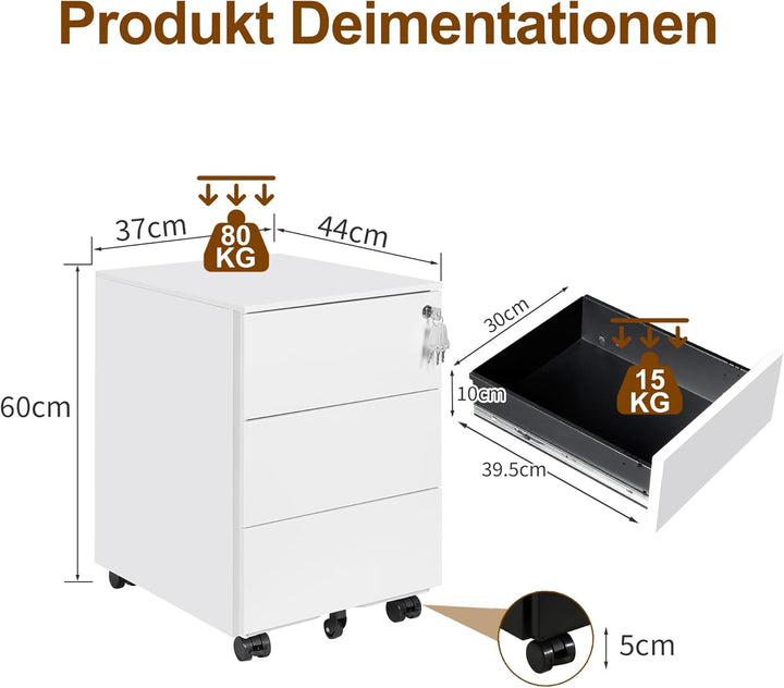 Rollcontainer, Mobiler Aktenschrank mit Schloss, 4 Schlüssel, 3 Schubladen, Metallschrank, Bereits V