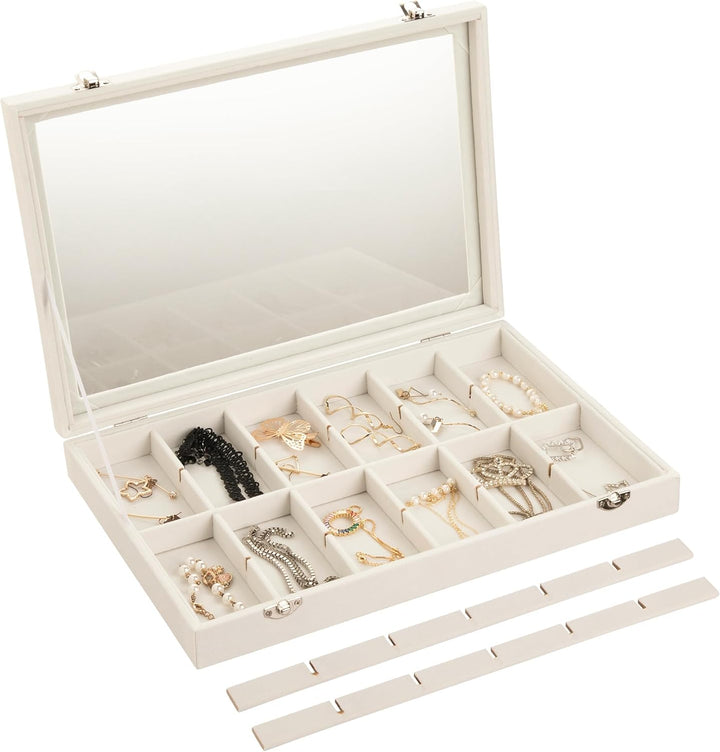 Frebeauty Samt Schmucktablett 24 Gitter Schmuck Organizer mit durchsichtigem Deckel Ohrring Organize