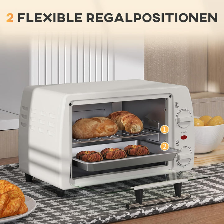 HOMCOM Mini Backofen 10 L 750W 100-230℃ 60 Min. Timer mit Backblech, Grillrost und Herausnehmbarer B
