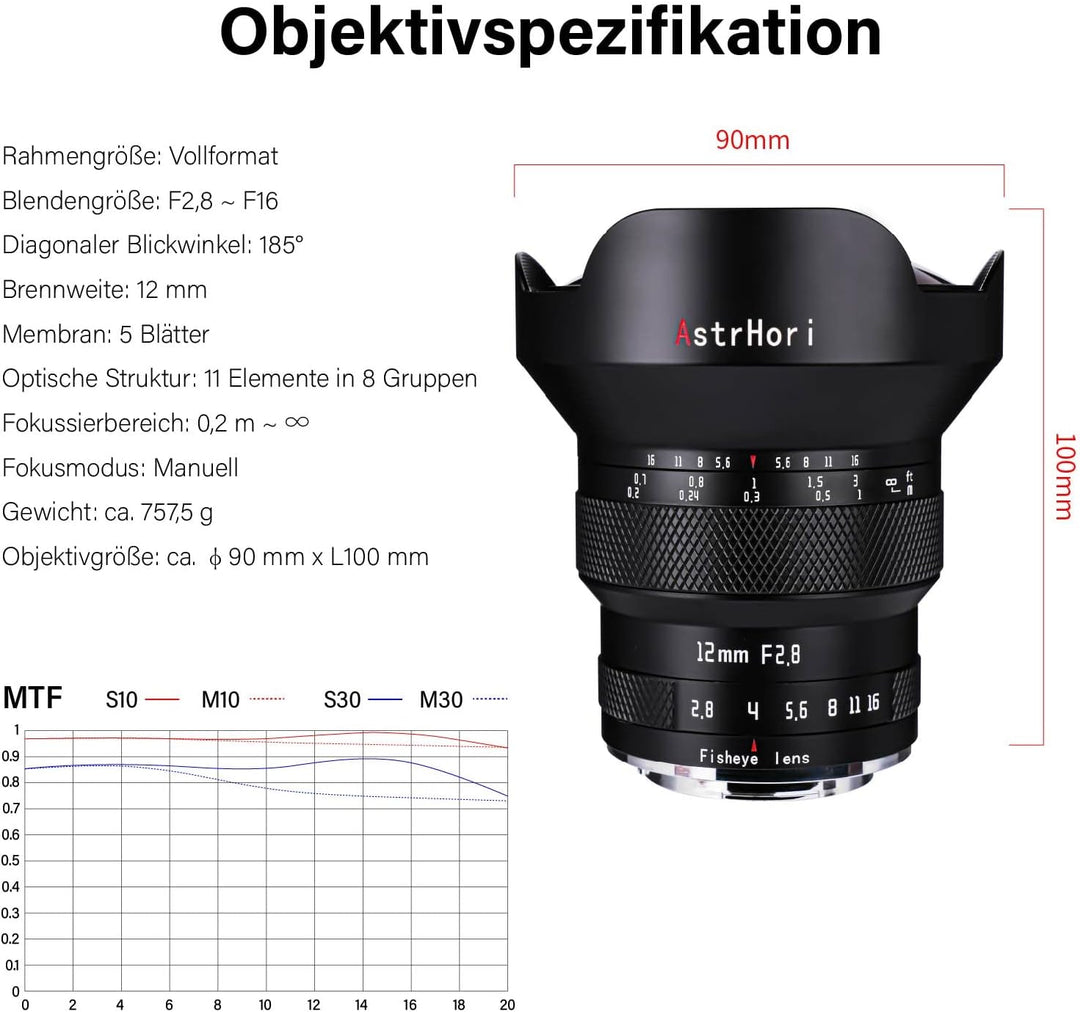 AstrHori 12 mm F2.8 Vollformat Manuelles Fisheye-Objektiv 185 ° Ultra-Weitwinkelobjektiv für Leica/P