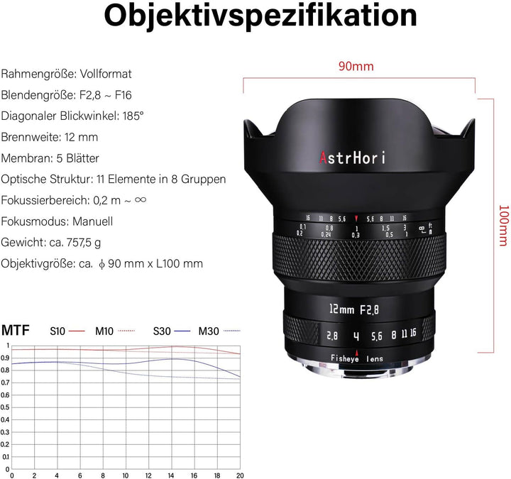 AstrHori 12 mm F2.8 Vollformat Manuelles Fisheye-Objektiv 185 ° Ultra-Weitwinkelobjektiv für Leica/P
