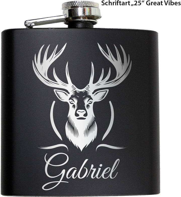 Jäger Geschenk Flachmann Hirsch mit Gravur Flachmann Jäger Geschenkidee Männer Schwarz, Schwarz