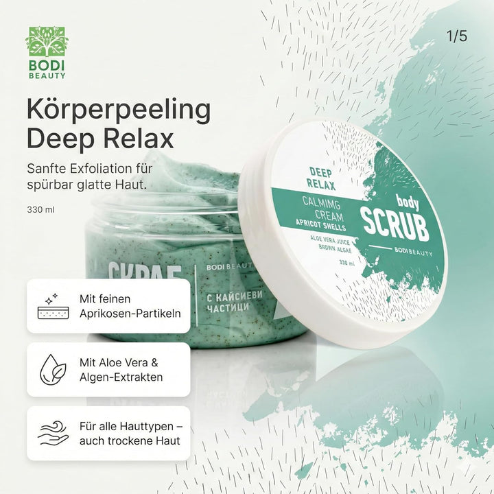 Aprikose Body Scrub & Körperpeeling Deep Relax 330 ml – Aprikosenkern, Algenextrakt, Aloe Vera, Trau