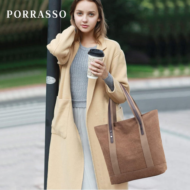 PORRASSO Damen Schultertasche Gross Canvas Handtasche Mode Tote Henkeltasche für Schule Arbeit Einka