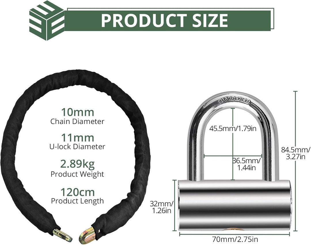 EYPINS Motorradschloss Fahrradschloss, 120cm ø10mm Kettenschloss Motorrad Kettenschloss Fahrrad Roll