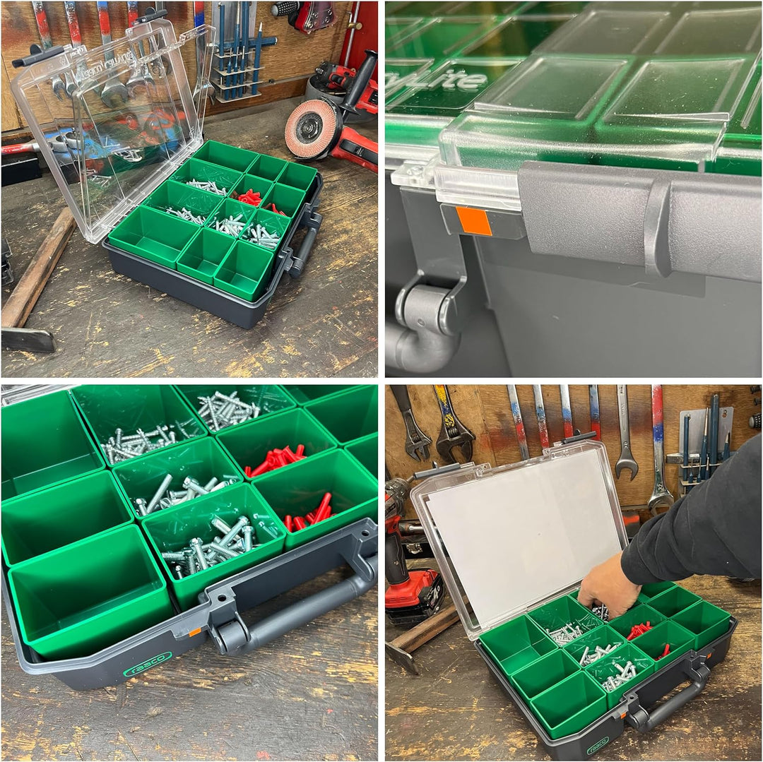 raaco CarryLite 80 4x8-12: Premium Sortierbox für Werkstatt mit Sandwich-Deckel, 12 Einsätze, Sortim
