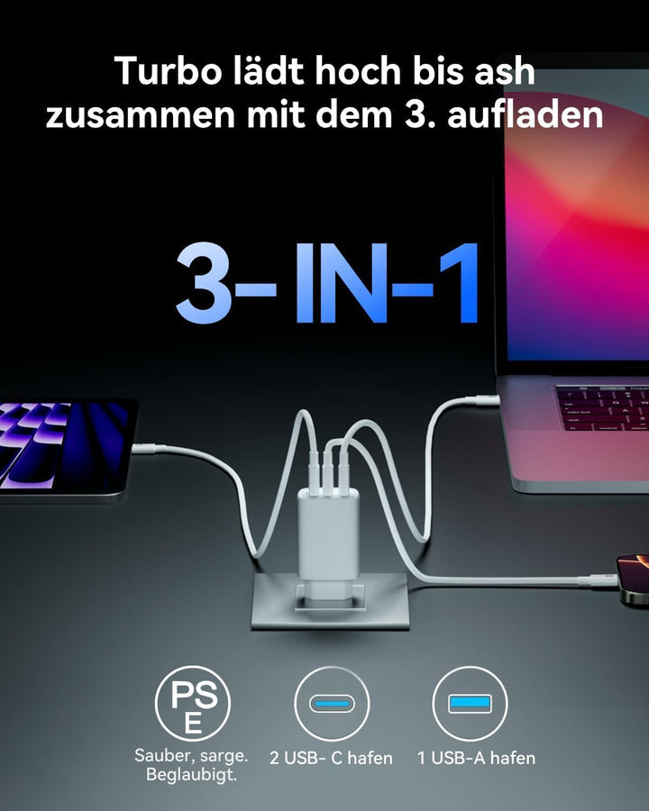 USB C Ladegerät,2Pack 65W 3 Ports Schnellladegerät, USB C Charger Adapter 2 PACK-Weiss, 2 PACK-Weiss