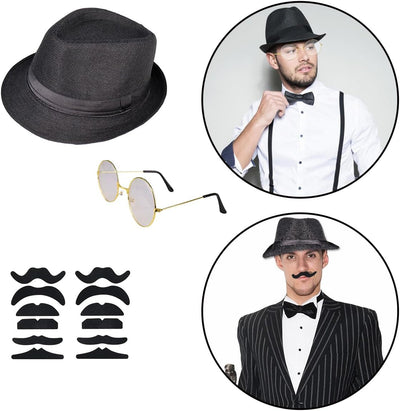 WILDPARTY 20er Jahre Kostüm Herren Accessoires, Faltbarer Krücken Metall, Fedora Hut, Gläser, Fliege