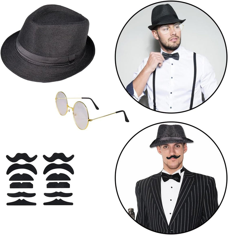 WILDPARTY 20er Jahre Kostüm Herren Accessoires, Faltbarer Krücken Metall, Fedora Hut, Gläser, Fliege
