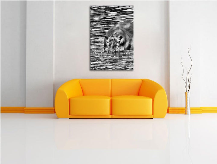 Pixxprint Zwei Flusspferde im Wasser als Leinwandbild/Grösse: 100x70 cm/Wandbild/Kunstdruck/fertig b