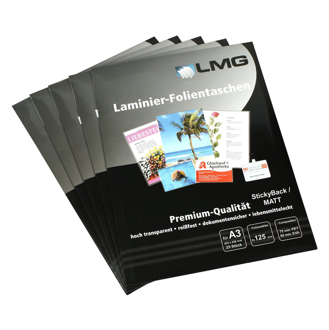 LMG LMGA3-125SM-25 Laminierfolien A3, 303 x 426 mm, 2 x 125 mic mit selbstkl Rückseite, 25 Stück