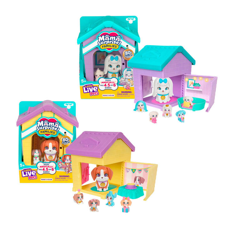 Little Live Pets Mama Surprise Families – Mamas Hütte-Packung, Bulldogge & Spaniel, 2 Hütten & Welpe