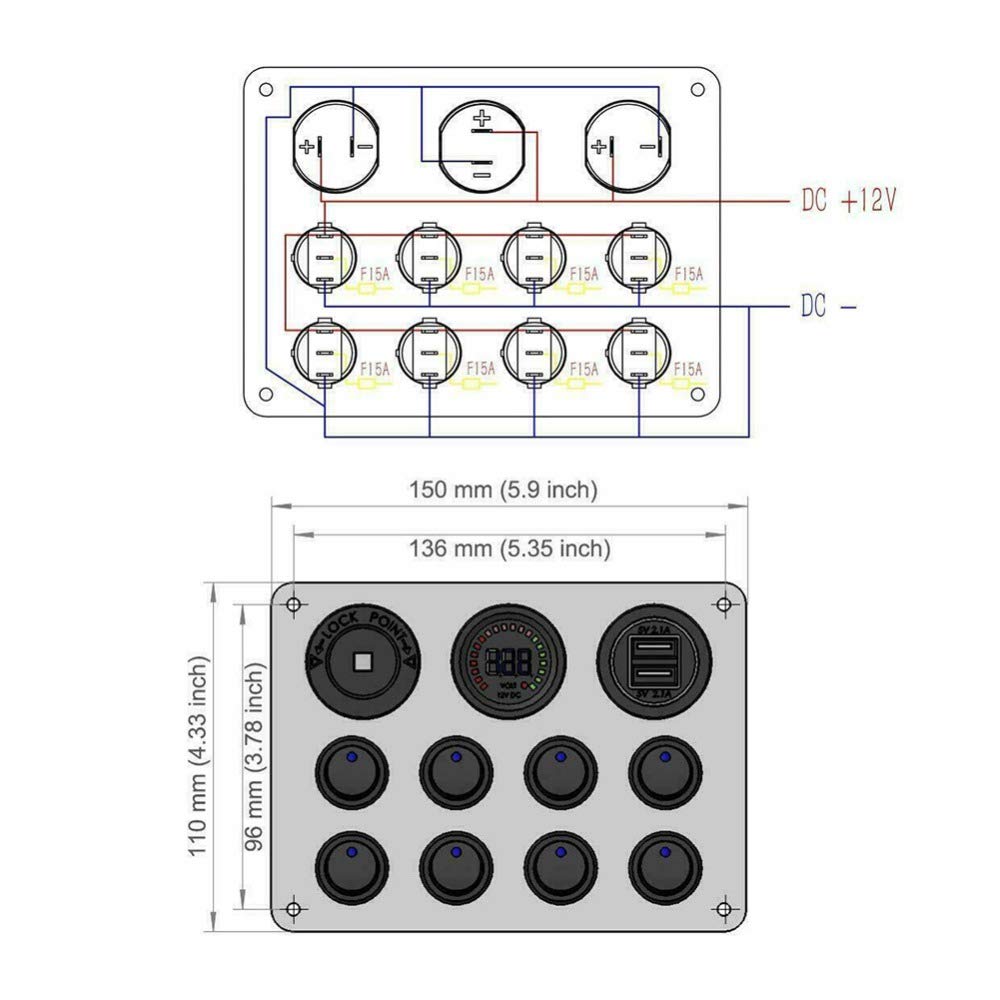 KAOLALI 12V/24V Schalter Panel, Dual-USB-Ladegerät LED Voltmeter Zigarettenanzünder 8 Kippschalter E