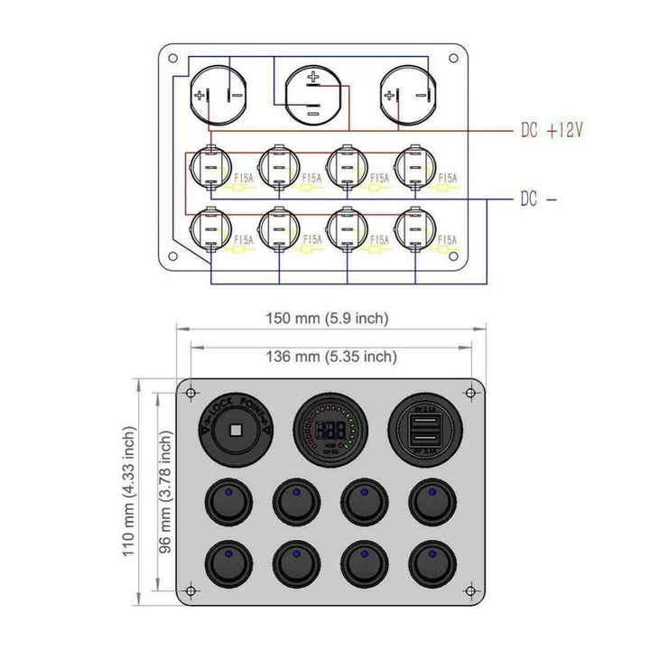 KAOLALI 12V/24V Schalter Panel, Dual-USB-Ladegerät LED Voltmeter Zigarettenanzünder 8 Kippschalter E