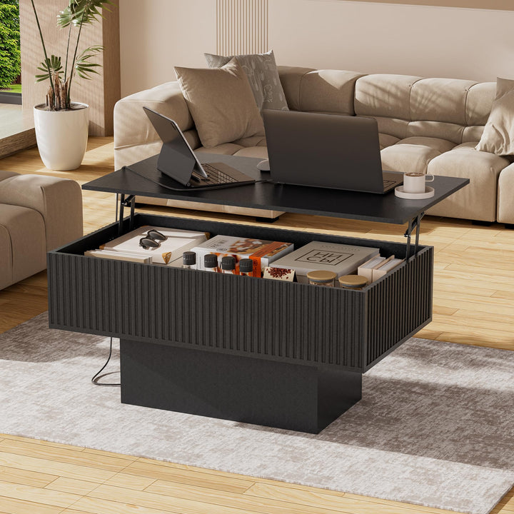 38,2" Lift-Top-Couchtisch mit Stauraum und LED-Beleuchtung, Moderner geriffelter Massivholz-Couchtis