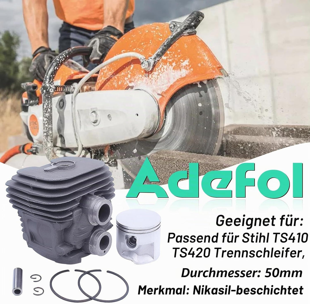 Adefol Zylinder und Kolben Kit für STIHL TS410 TS420 Trennsäge, 50mm Cylinder Piston Baugruppe + Zün