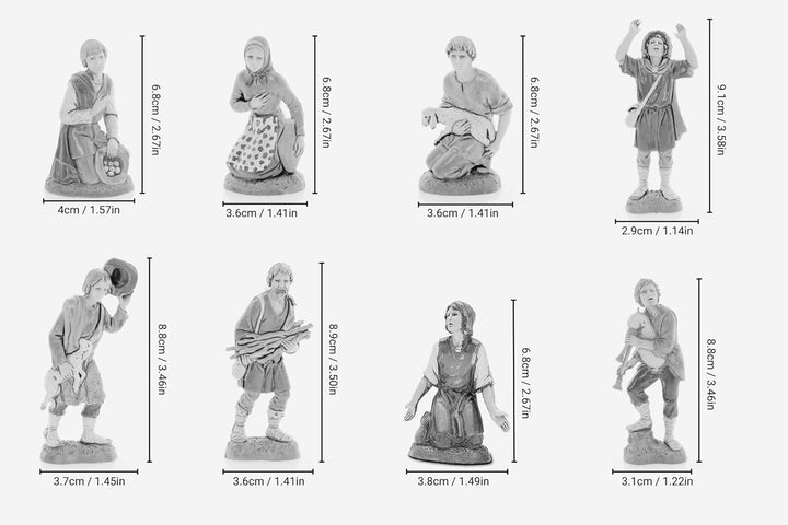 Moranduzzo Set 8 Hirten für Krippe 10 cm Massstab 1:20 - Unzerstörbare Krippenfiguren - Stil 700', H