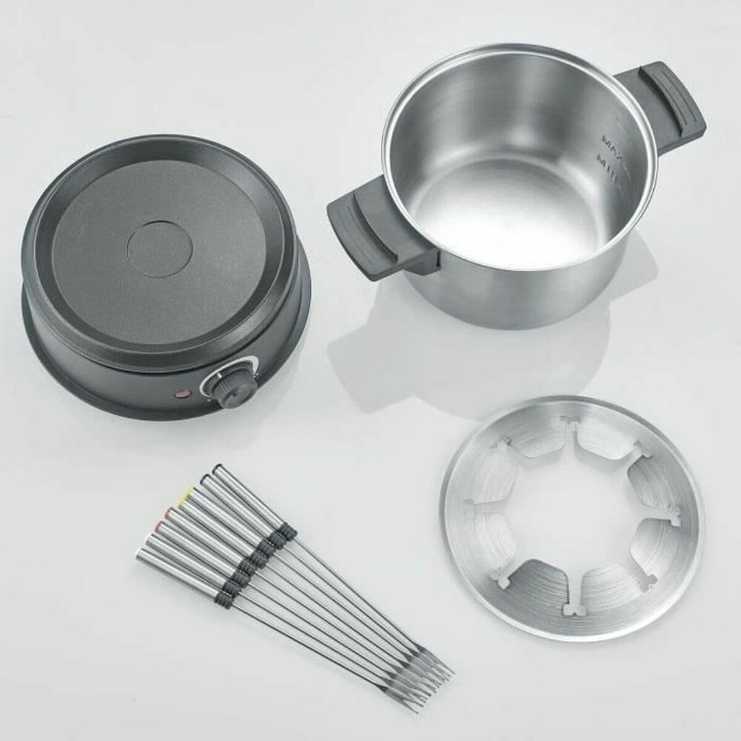 Severin FO2473 Elektrisches Fondue für 8 Personen mit abnehmbarem Topf aus Edelstahl, inkl. Spritzsc
