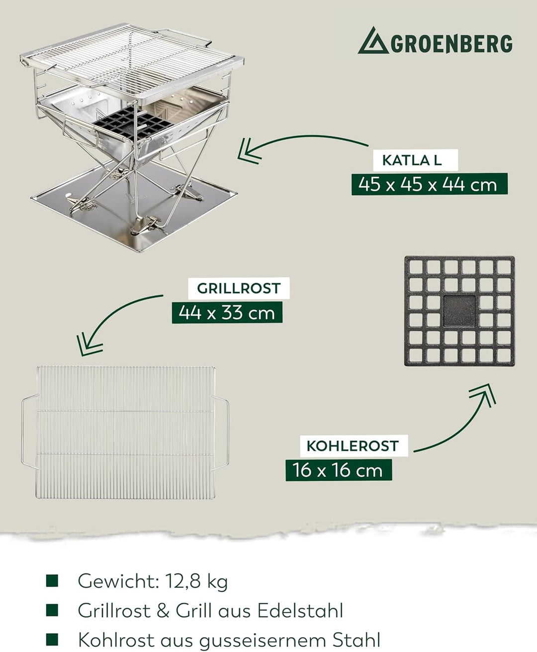 Katla Grill L I 45 x 44 x 45 cm I kompakter Holzkohlegrill aus Edelstahl für Camping & Garten I idea