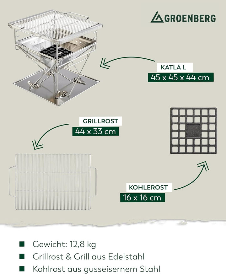 Katla Grill L I 45 x 44 x 45 cm I kompakter Holzkohlegrill aus Edelstahl für Camping & Garten I idea