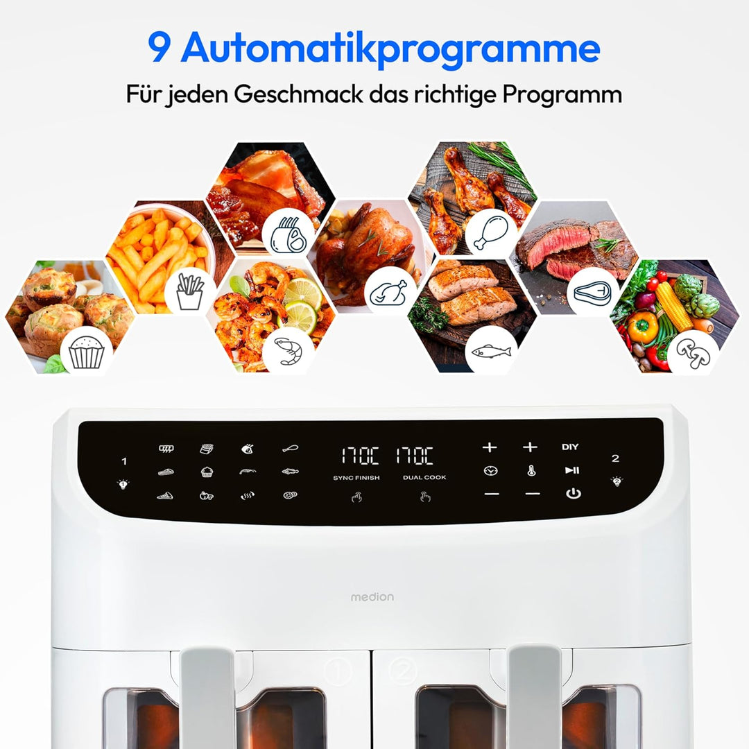 MEDION P20 XXL Heissluftfritteuse mit 2 Kammern (8,7 Liter, Airfryer, 2.600 Watt, Doppelkammer, 10 A