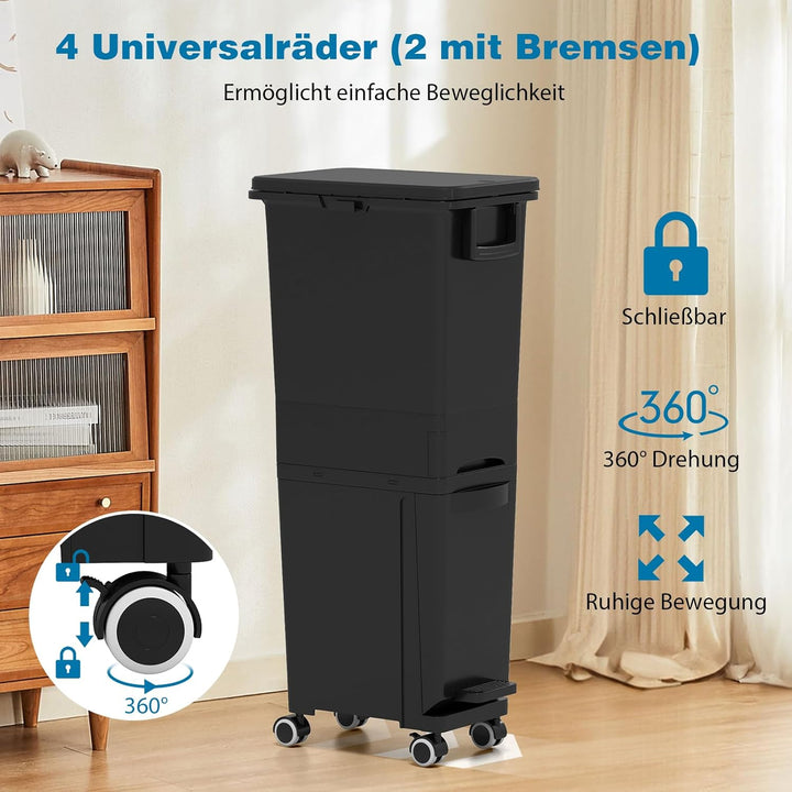 GOPLUS Mülleimer 3 Fächer, 32L Abfalleimer Küche mit Rollen, Mülltrennsystem mit Kippbehälter, Decke