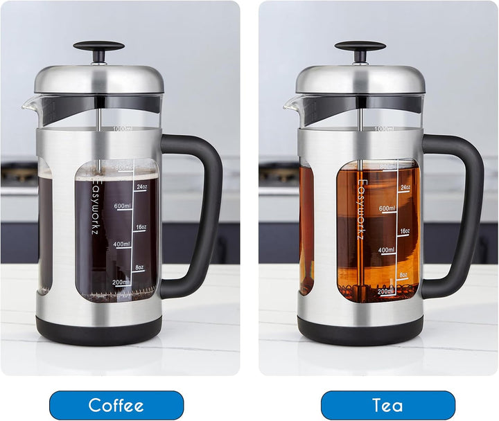 Easyworkz French Press Kaffeebereiter Kaffeepresse aus Edelstahl mit Borosilikatglas,rutschfester we