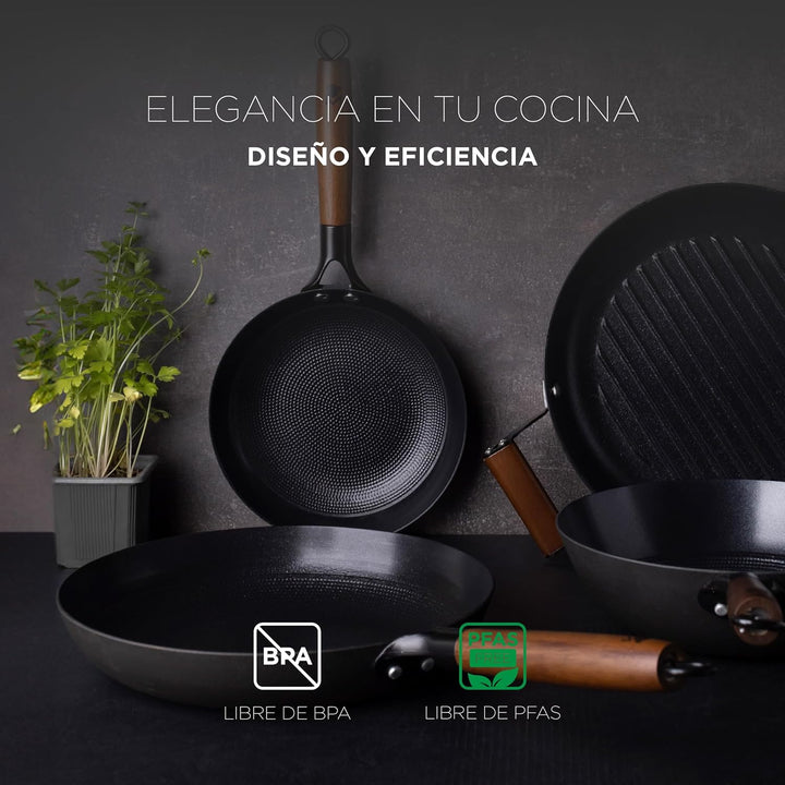 MasterPRO ODIN - Kochset: 24cm & 28cm Bratpfanne-3 Utensilien-Hochwertiges Gusseisen - Antihaftbesch