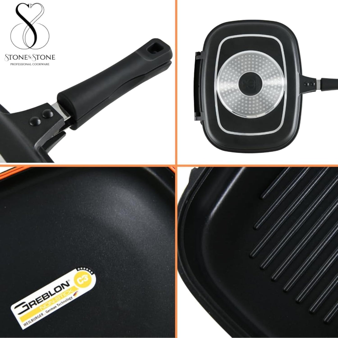 Stone&Stone Doppelseitige Grillpfannen 32 cm, steinbeschichtete Antihaftpfannen Deutsche Qualität Gr