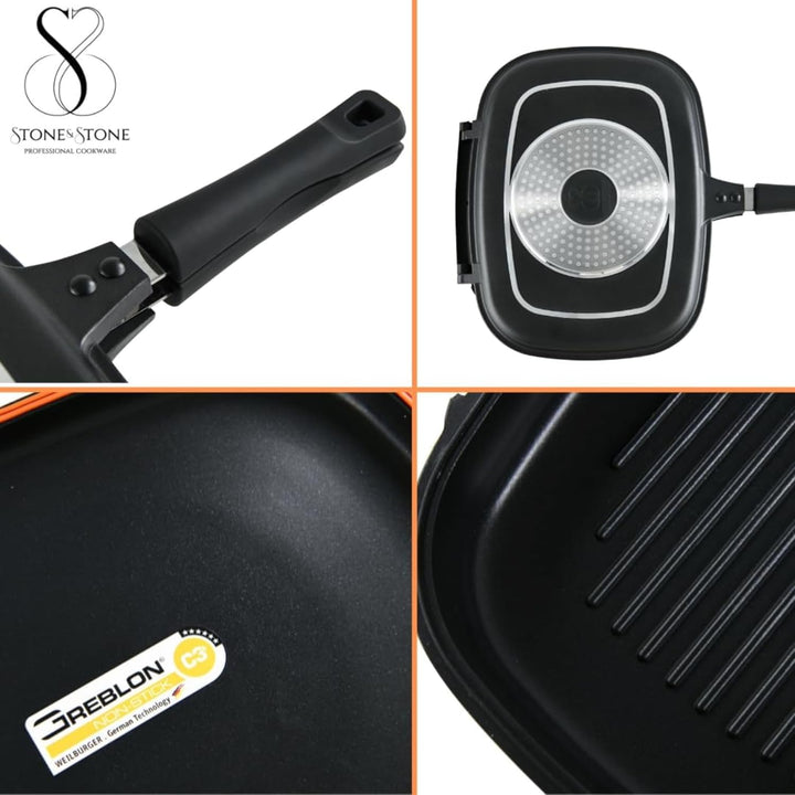 Stone&Stone Doppelseitige Grillpfannen 32 cm, steinbeschichtete Antihaftpfannen Deutsche Qualität Gr