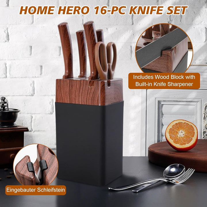 Messerset mit Messerblock, 7-Teilig Hochwertige Edelstahl Küchenmesser mit ergonomischen Griffen, Me