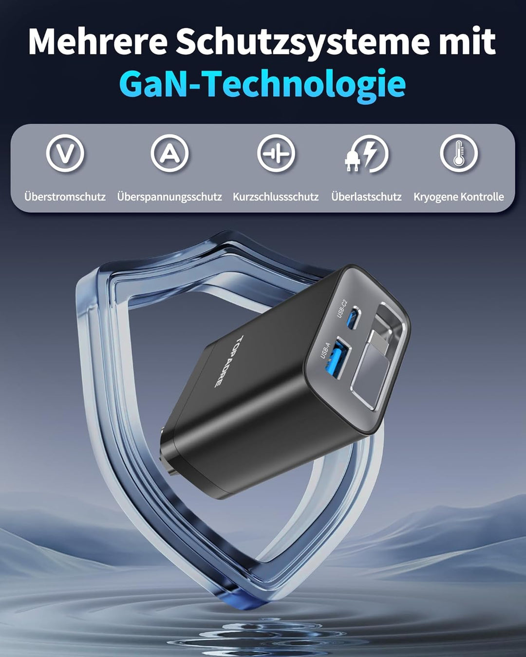 TOPADRE 65W USB C Ladegerät mit 85CM Einziehbares Ladekabel, 3-Port Schnellladegerät USB C Netzteil