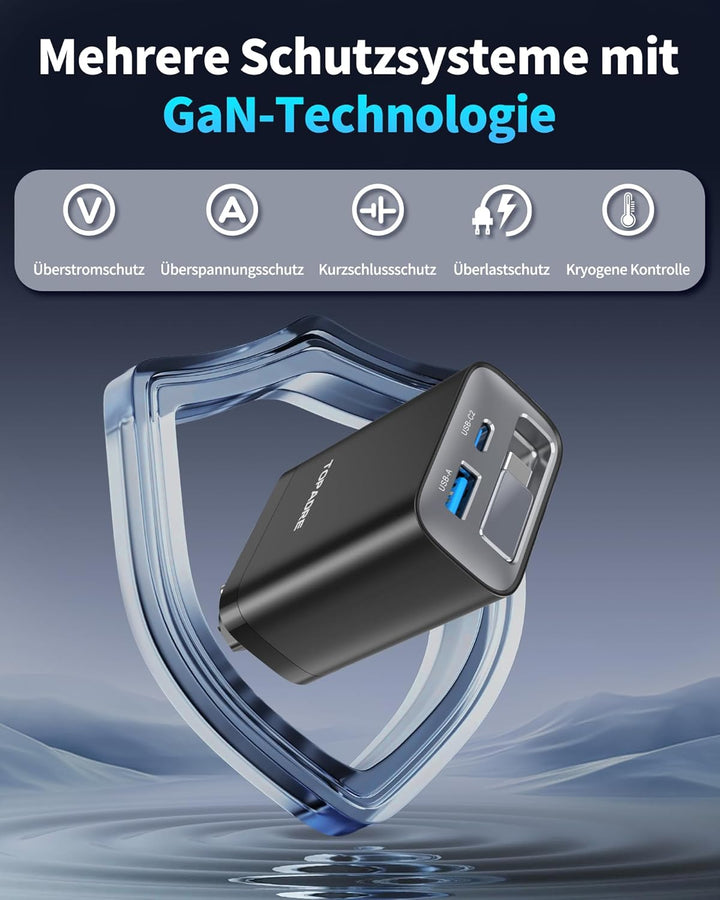 TOPADRE 65W USB C Ladegerät mit 85CM Einziehbares Ladekabel, 3-Port Schnellladegerät USB C Netzteil
