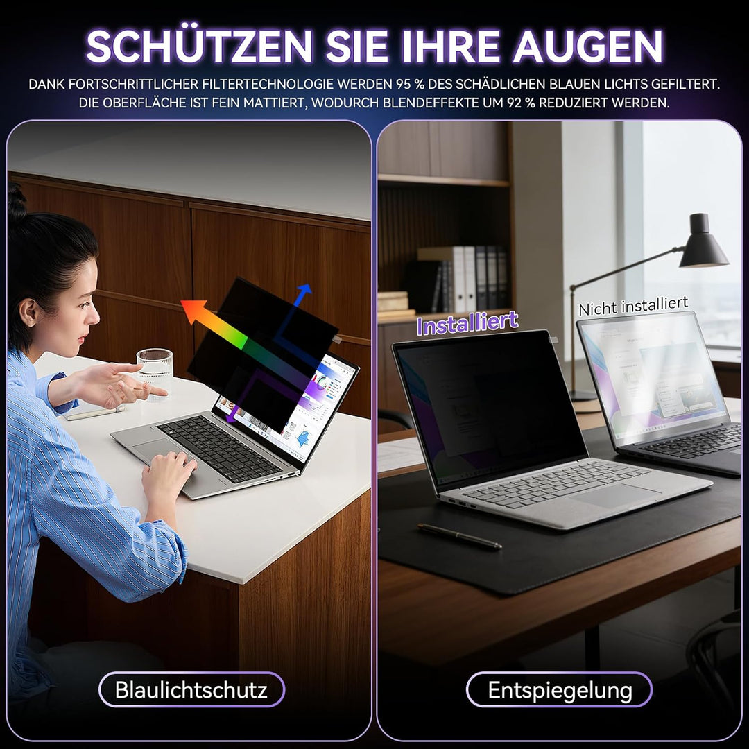 Blickschutzfolie für Laptop 16 Zoll 16:10, Anti Glare &amp; Blaulichtfilternd, Mit Randseitigen Klebestr