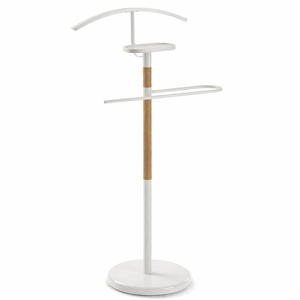 Herrendiener Mod. EIDE - Farbe Weiss und Holz - Mit oberer Kleiderstange und Hosenstange - 47 x 29 x