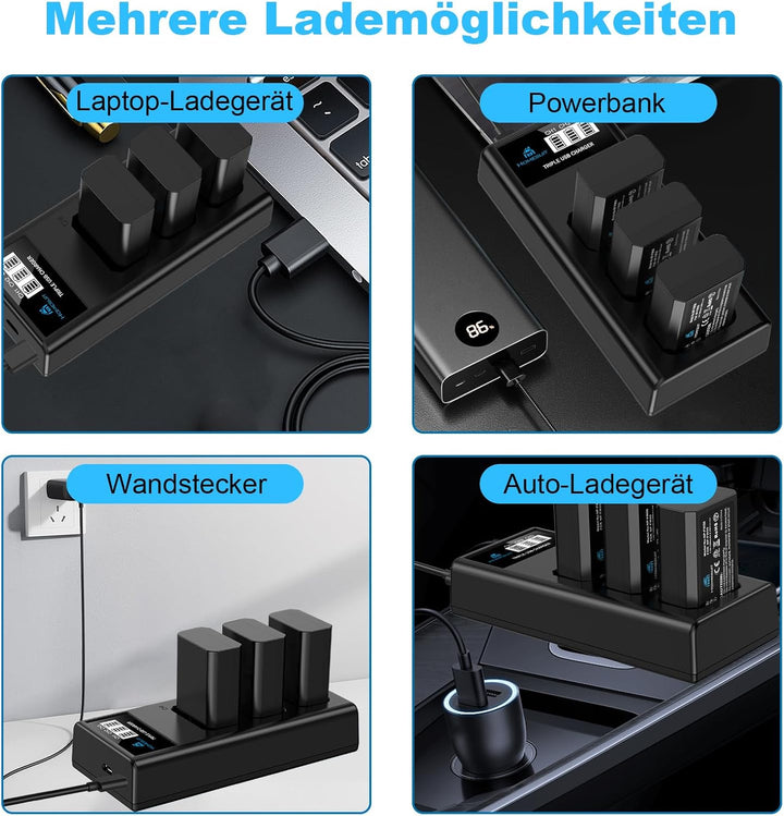 Homesuit NP-FW50 Akku 1300mAh und DREI Schlitze LCD Ladegerät Kit für Sony ZV-E10, Alpha A6000, A650