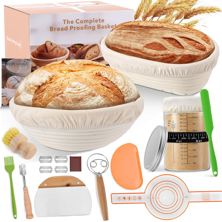 Sauerteig Set 21-teilig mit 2 Gärkörbchen & Glas – Komplettes Brotbackzubehör inkl. Gärkorb Rattan,
