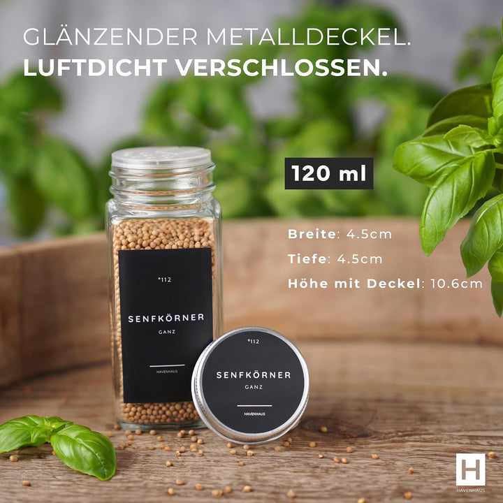 Havenhaus Premium Gewürzgläser Set Aluminium | 24 Gewürz Organizer inkl. 336 deutschen Gewürzetikett